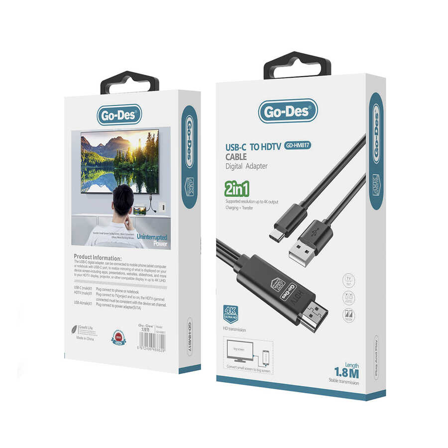 کابل انتقال تصویر از موبایل به تلویزیون GO-DES مدل GD-HM817 با کیفیت 4K