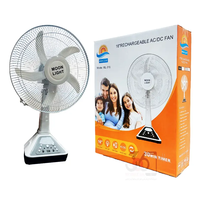 پنکه شارژی Moon Light مدل ML-316 قابلیت چراغ و پاوربانک